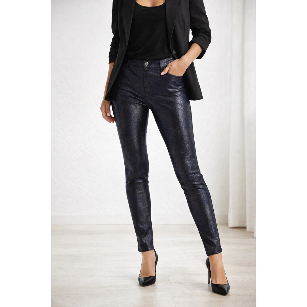 Chico's Faux Leather Pants Sz 0.5 Blue Metallic Coated Skinny Stretch‎ Chic